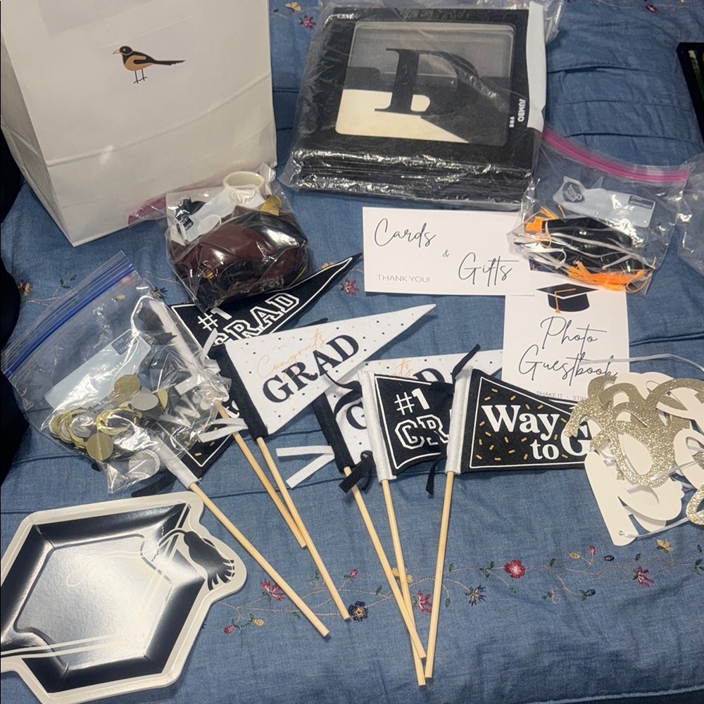 Lot of Graduation Party Supplies - Black, White, and Gold